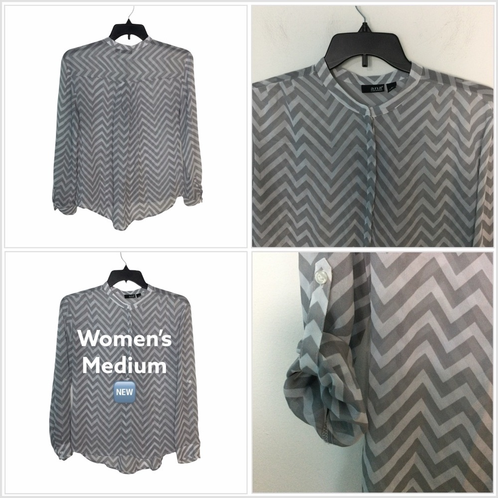 Women’s a.n.a Medium 8 - 10 Top Blouse Shirt Sheer Gray Zigzag Lightweight NWOT